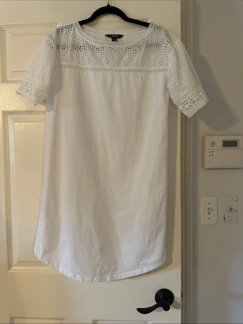 Lauren Ralph Size PS Lauren Womens White Eyelet Short Sleeve T-Shirt Dress